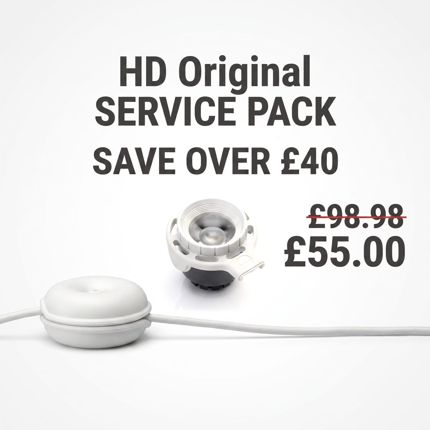 A promotional graphic with the text "HD Original SERVICE PACK" and "SAVE OVER £40". Below this, a price of "£98.98" is crossed out with a red line, and a new price of "£55.00" is shown. The image also features a white LED light module and a white cable winder with a power cord running through it.