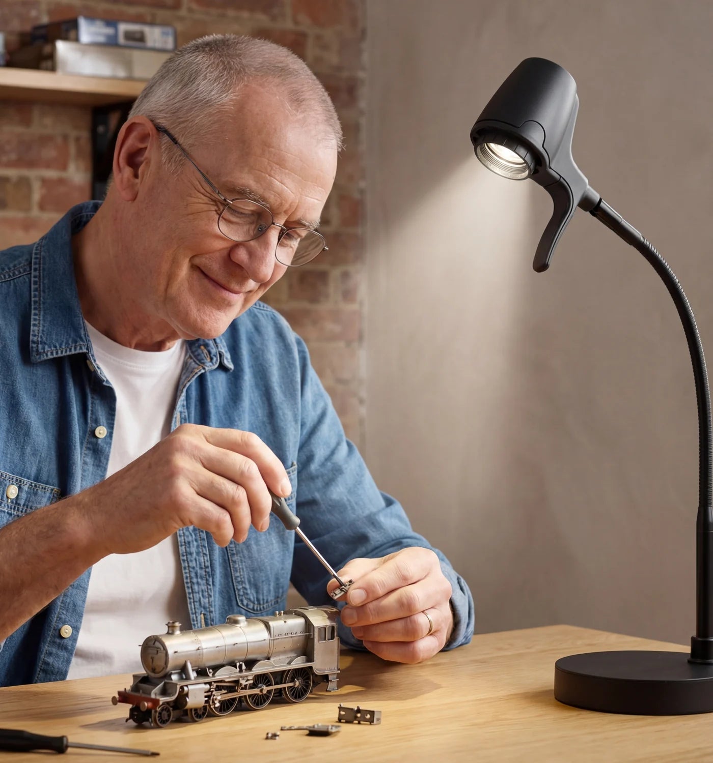 A man working on a model steam engine by the light of an HD Pro Table Light