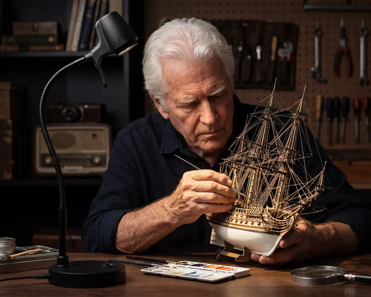 A man working on a model ship under an HD Pro Table Light