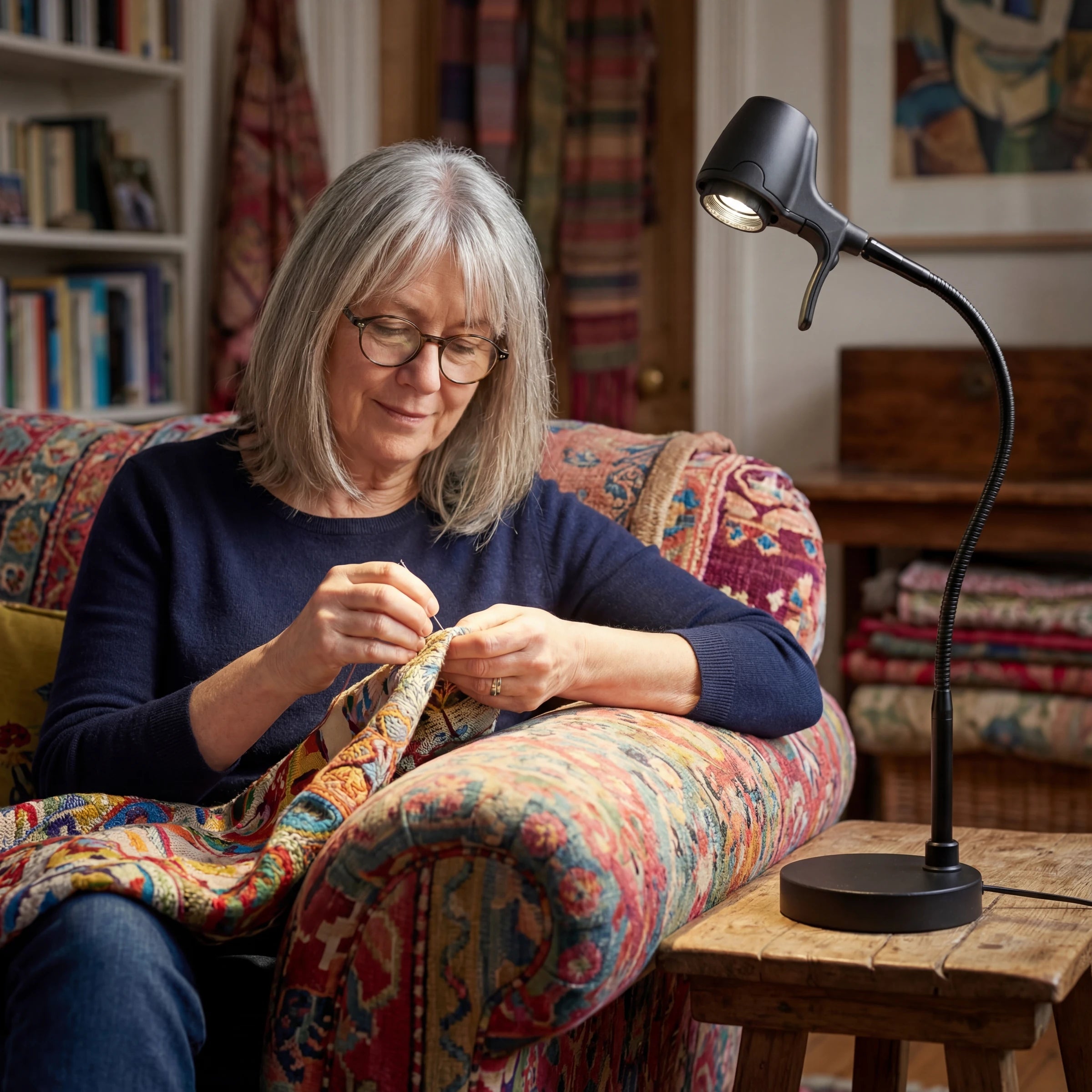 A woman stitching a colourful piece of embroidery on a patterned sofa, under an HD Pro Table Light