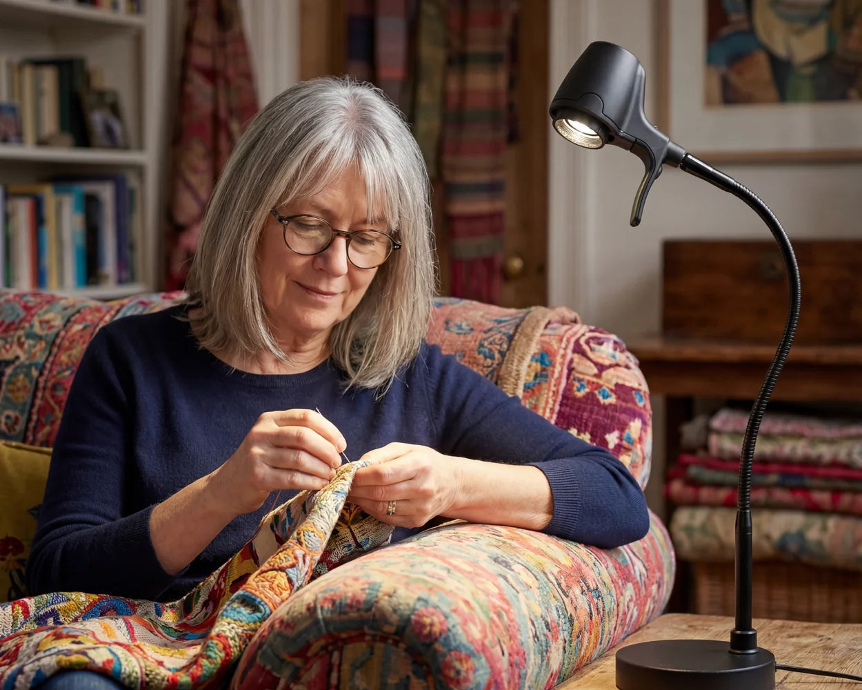 A woman stitching a colourful piece of fabric by the light of an HD Pro Table Light