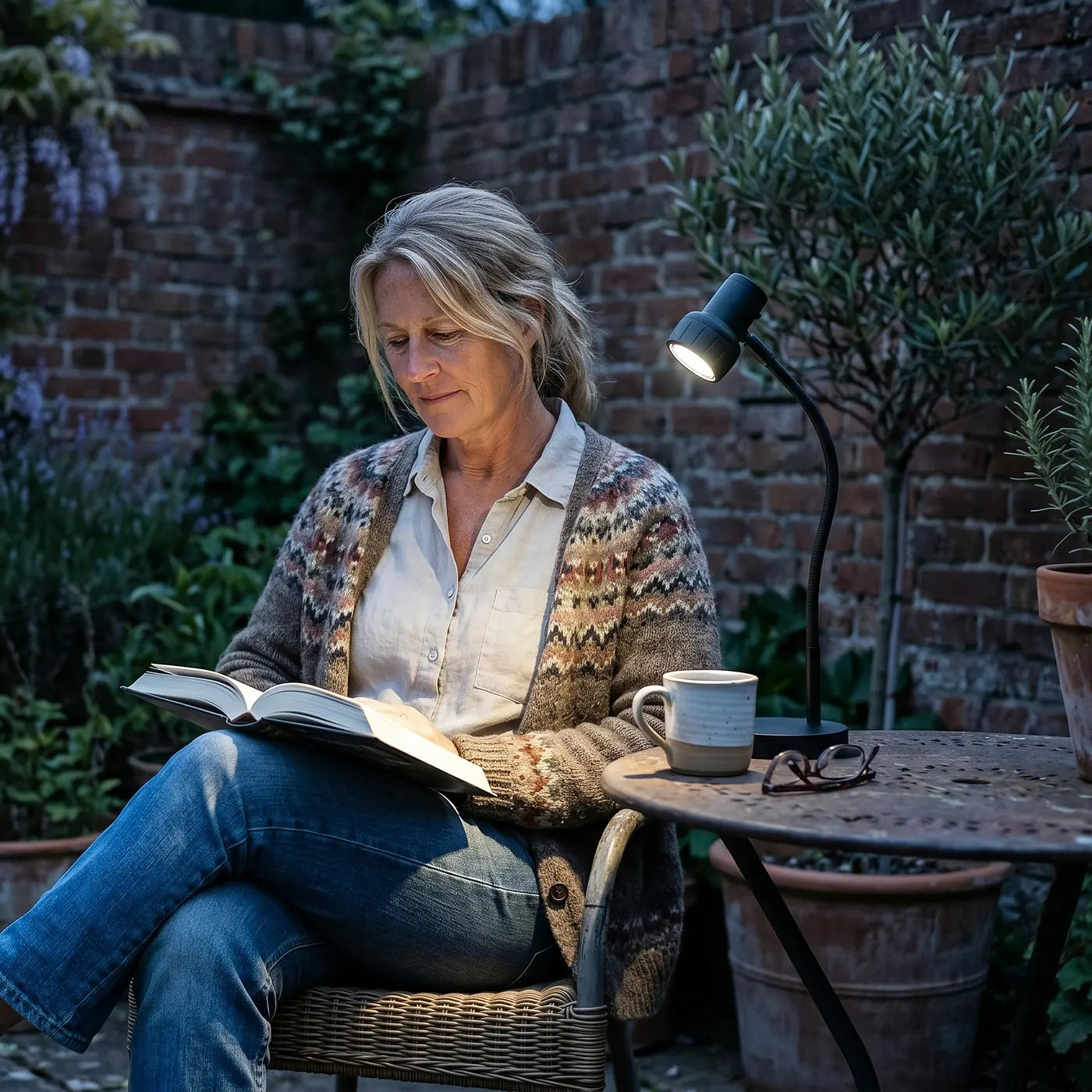 A woman reading in her garden at dusk by the HD Mini in Black