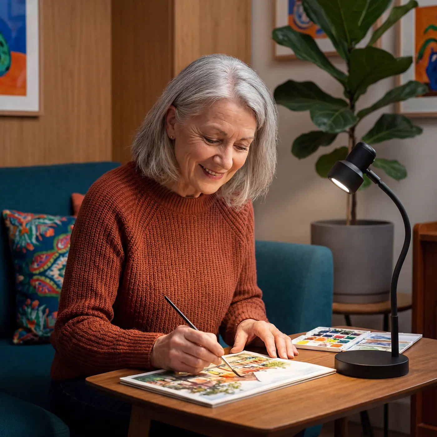 A woman painting a watercolour at a side table under an HD Mini Table Light