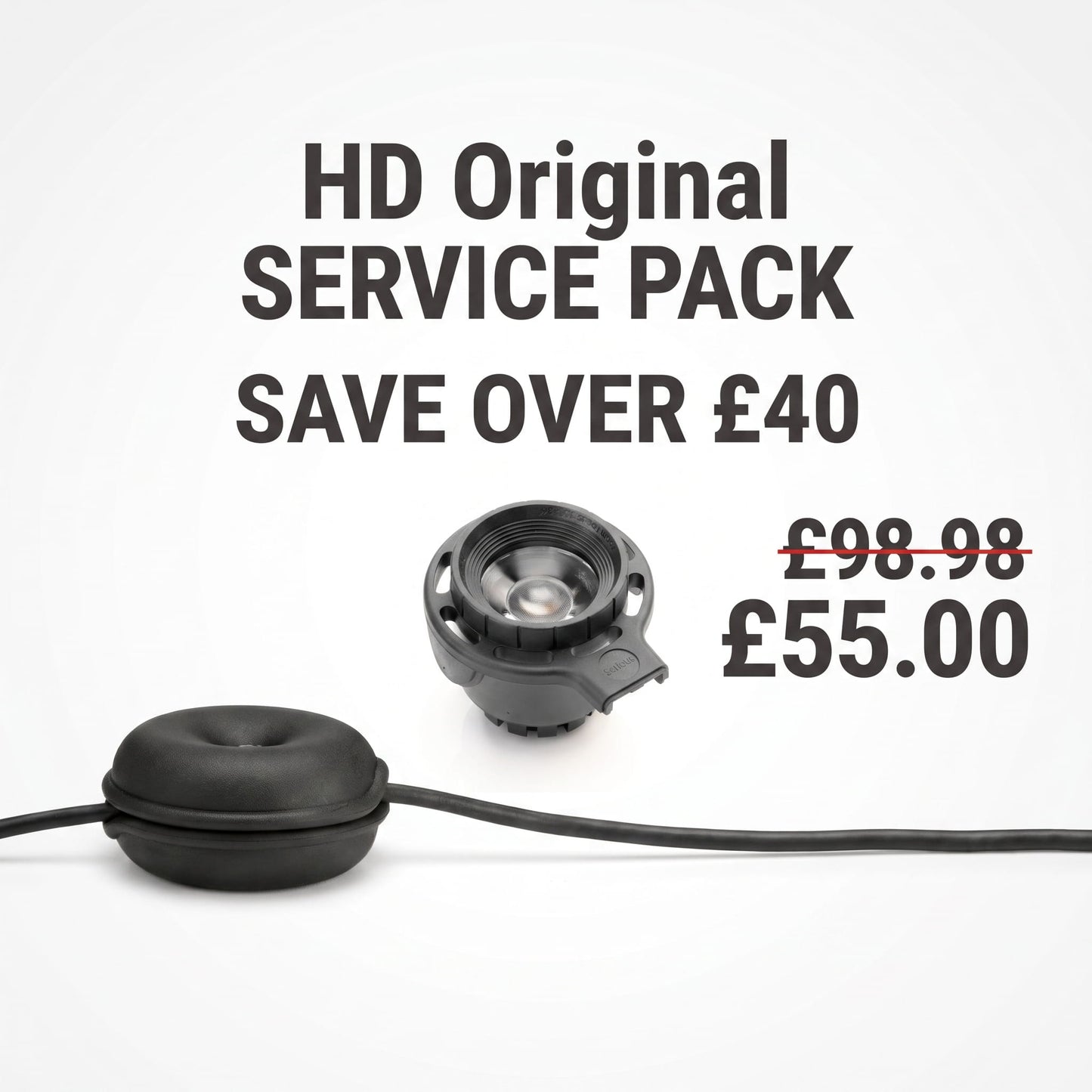 A promotional graphic with the same text as the previous image: "HD Original SERVICE PACK," "SAVE OVER £40," and the price comparison of "£98.98" crossed out to "£55.00". This version features a black LED light module and a black cable winder with a power cord running through it.