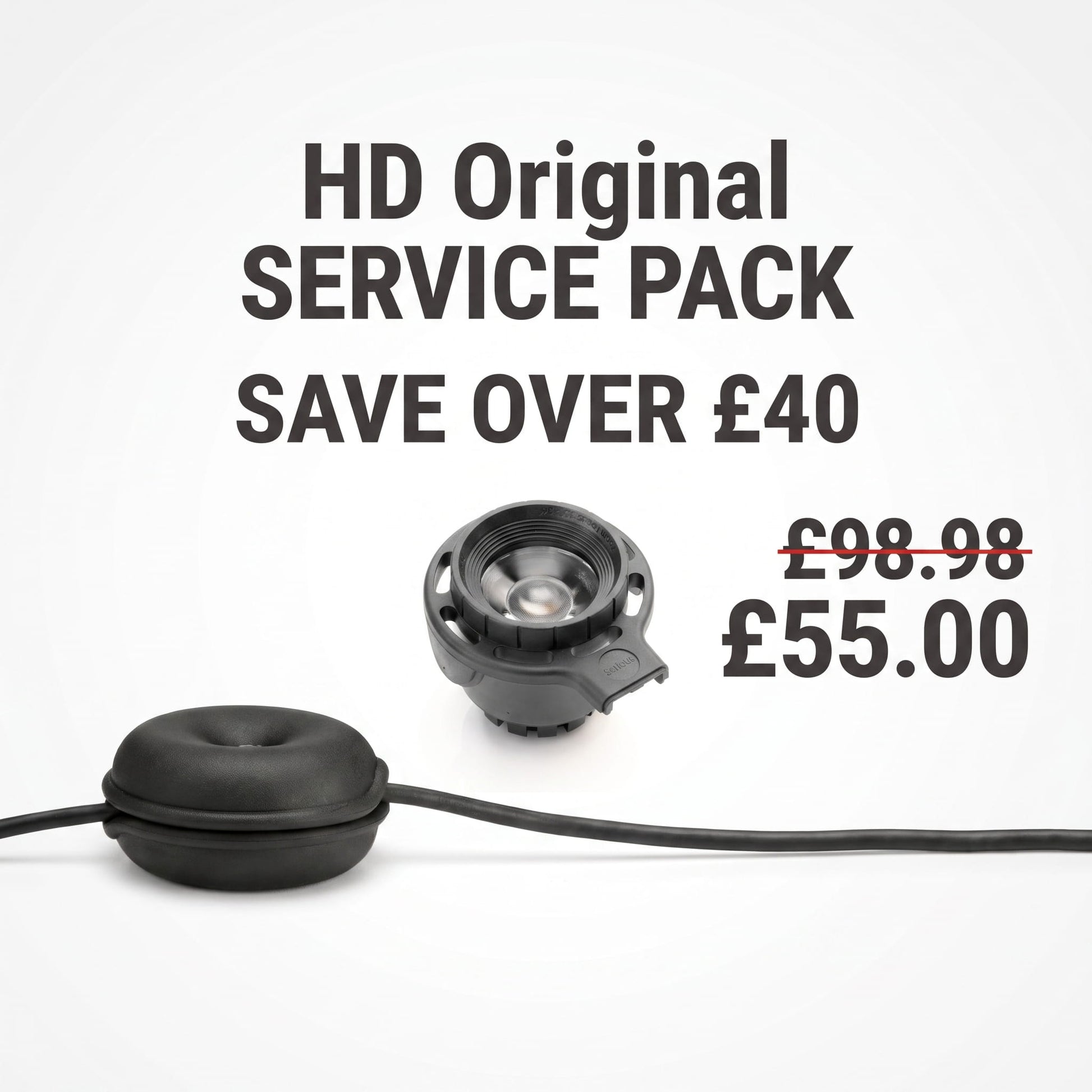 A promotional graphic with the same text as the previous image: "HD Original SERVICE PACK," "SAVE OVER £40," and the price comparison of "£98.98" crossed out to "£55.00". This version features a black LED light module and a black cable winder with a power cord running through it.