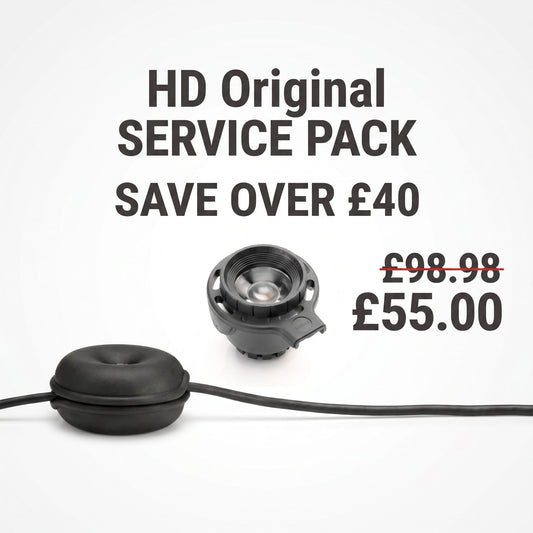 A promotional graphic with the same text as the previous image: "HD Original SERVICE PACK," "SAVE OVER £40," and the price comparison of "£98.98" crossed out to "£55.00". This version features a black LED light module and a black cable winder with a power cord running through it.