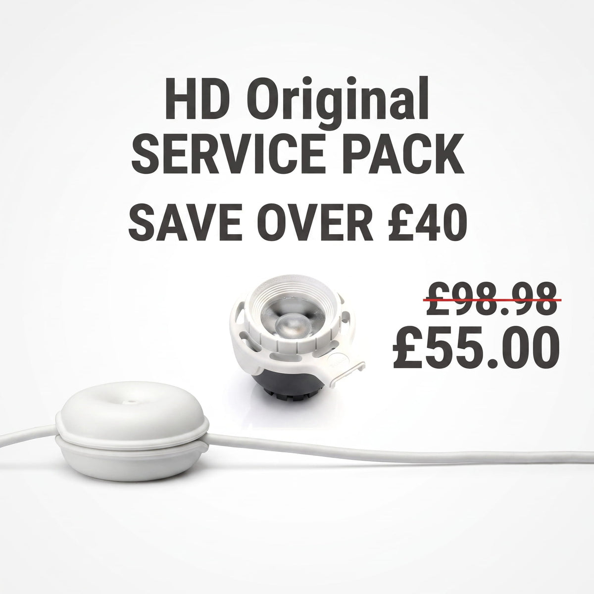 A promotional graphic with the text "HD Original SERVICE PACK" and "SAVE OVER £40". Below this, a price of "£98.98" is crossed out with a red line, and a new price of "£55.00" is shown. The image also features a white LED light module and a white cable winder with a power cord running through it.