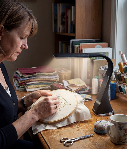Woman working on embroidery with HD Roam light