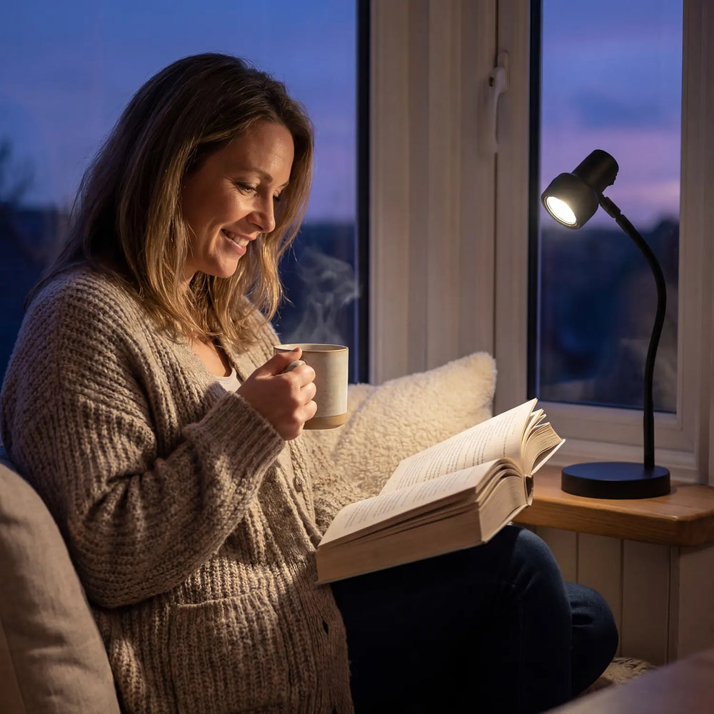A woman reading by the window beside the HD Mini in Black