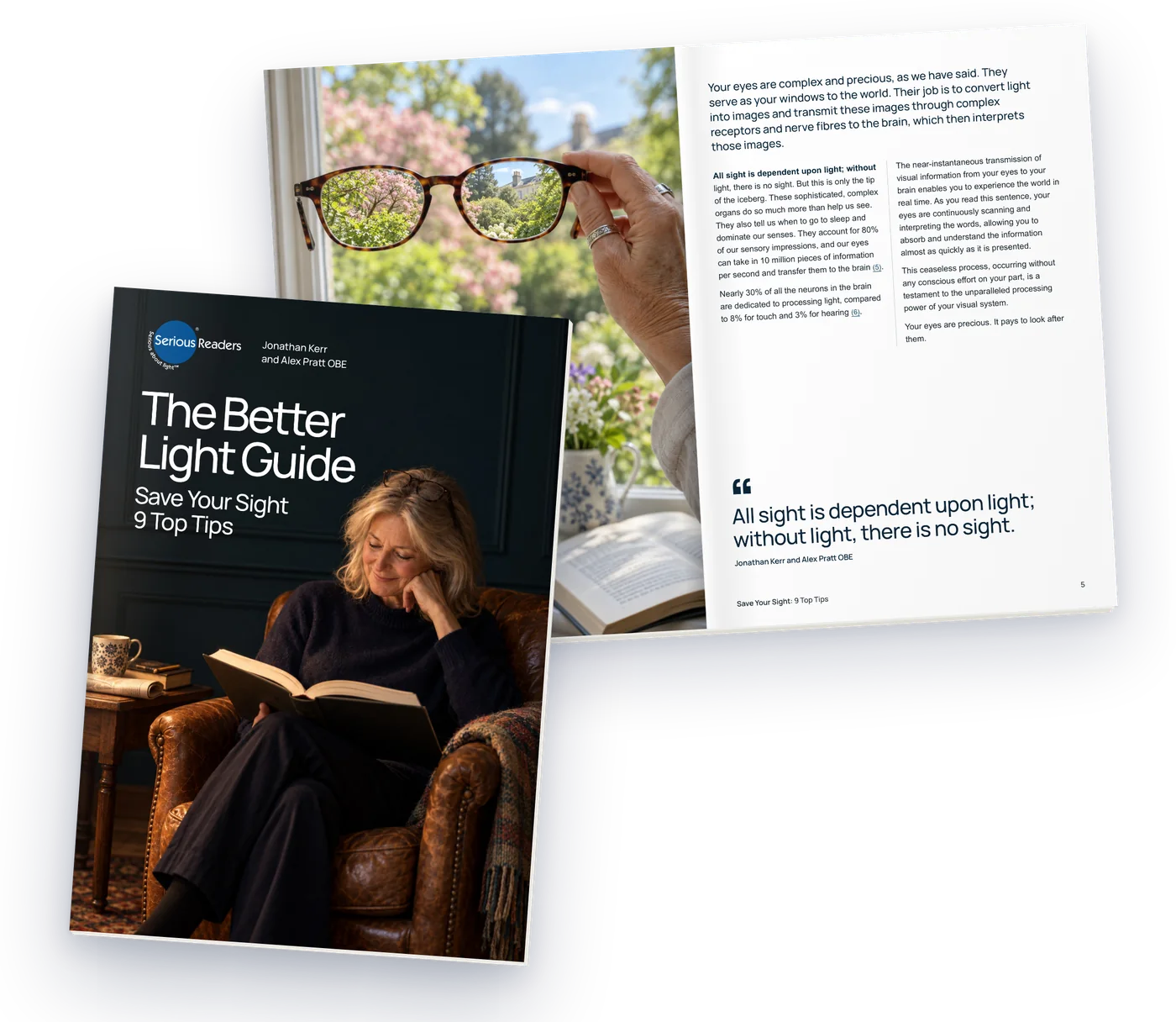 The Better Light Guide: its cover, with an open page that reads: all sight is dependent upon light