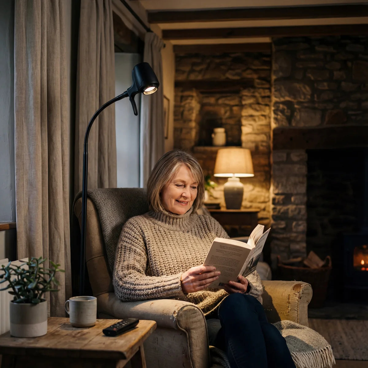 A woman reading in an armchair by a stone fireplace by the light of an HD Pro Floor Light