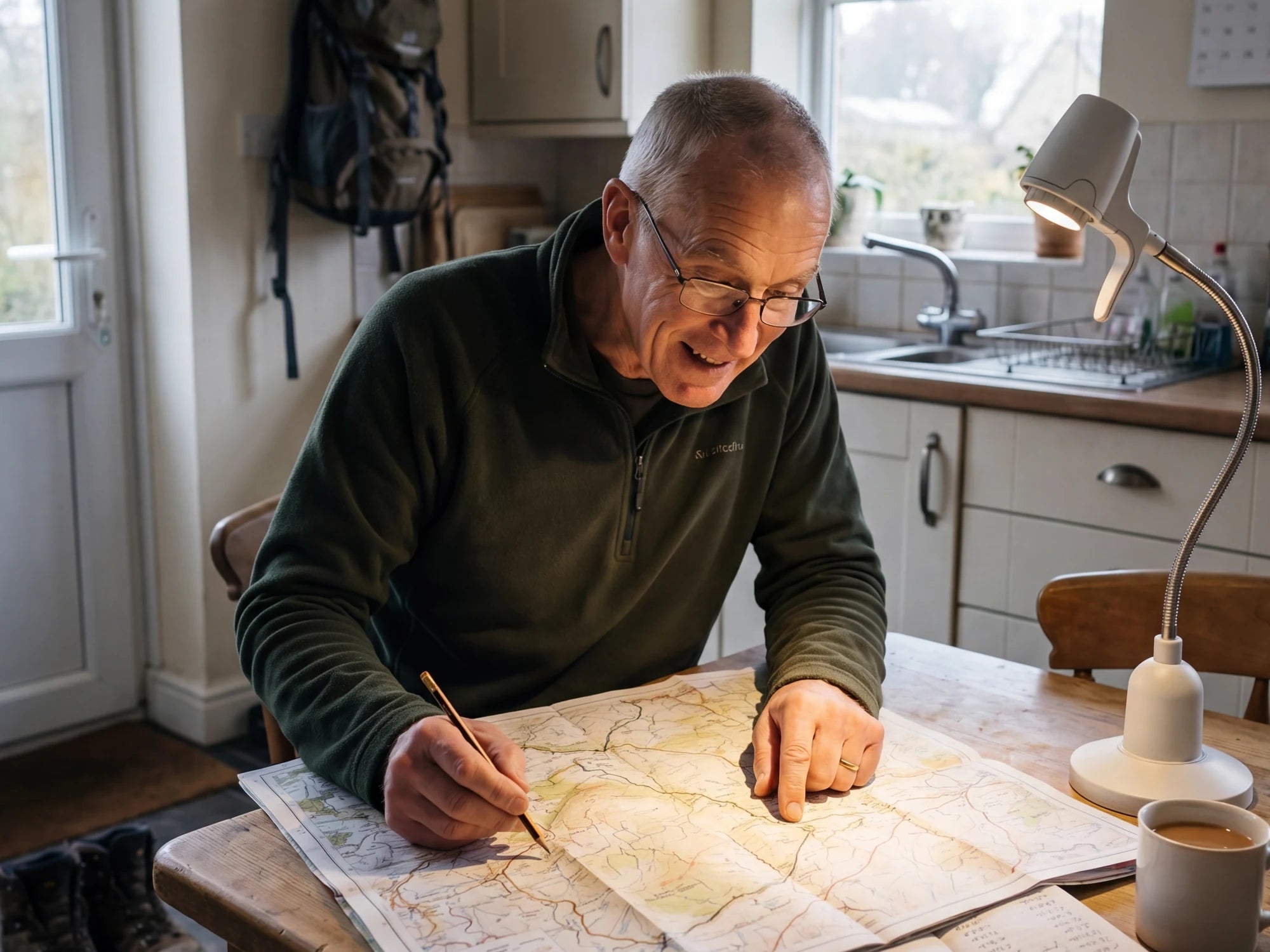 A man marking a walking route on a map by the light of an HD Original Table Light in Heritage White