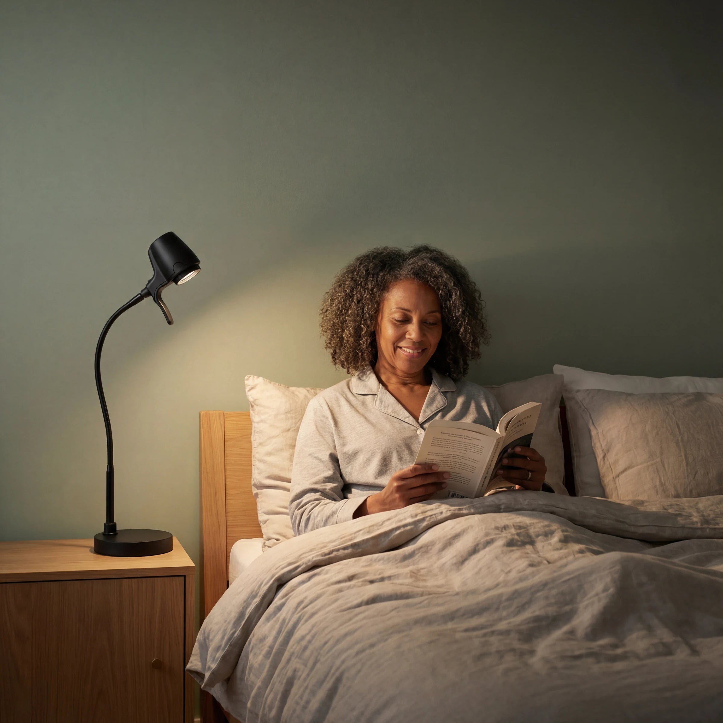 A woman smiling over her book in bed by the light of an HD Pro Table Light
