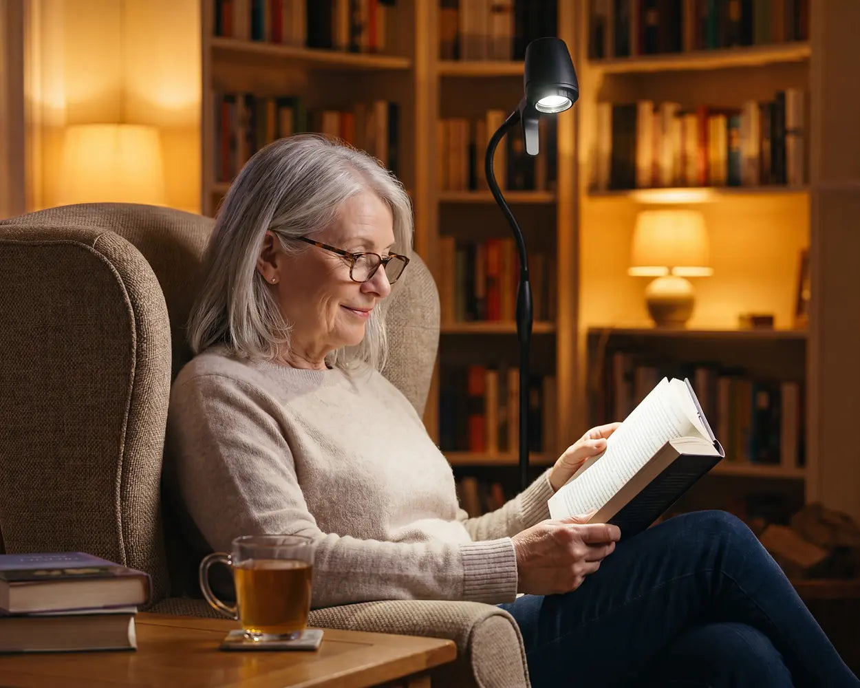A woman reading in an armchair among her bookshelves, beside an HD Original Floor Light