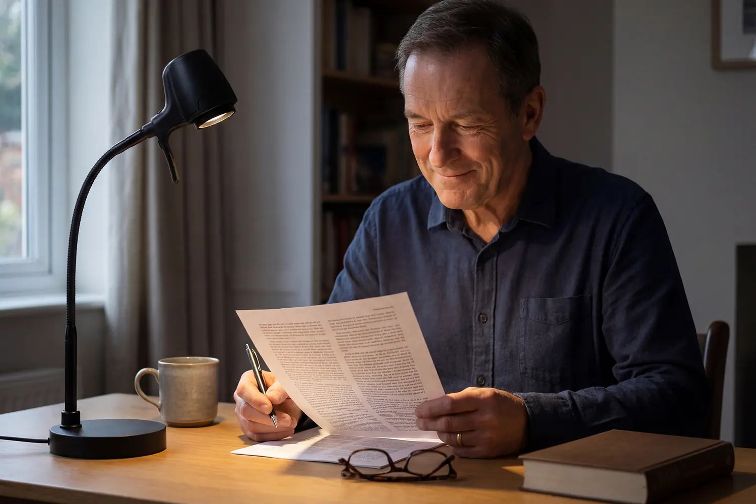 A man reading a letter at his desk beside an HD Pro Table Light