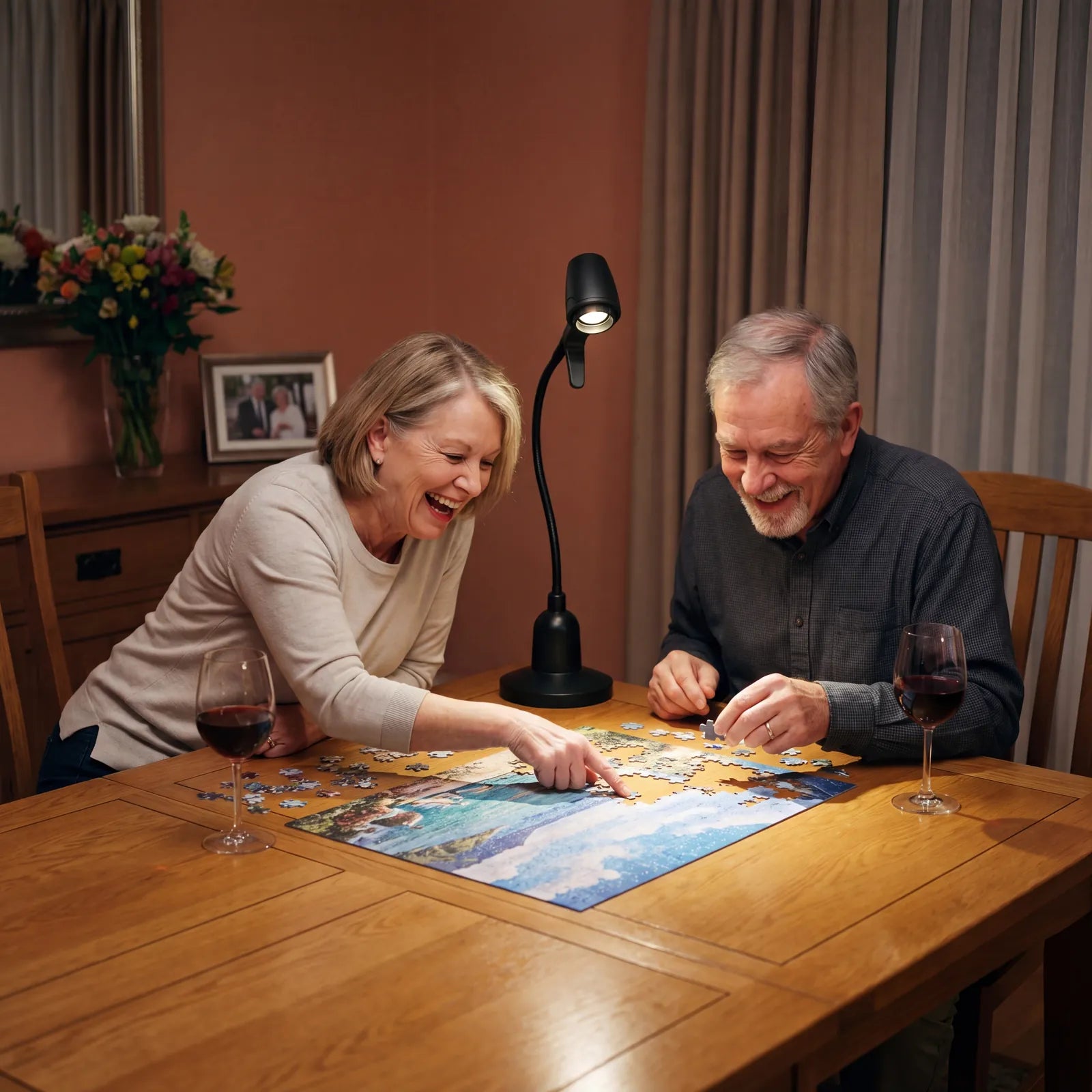 A couple laughing over a jigsaw at the dining table in the evening, with a Serious Table Light between them