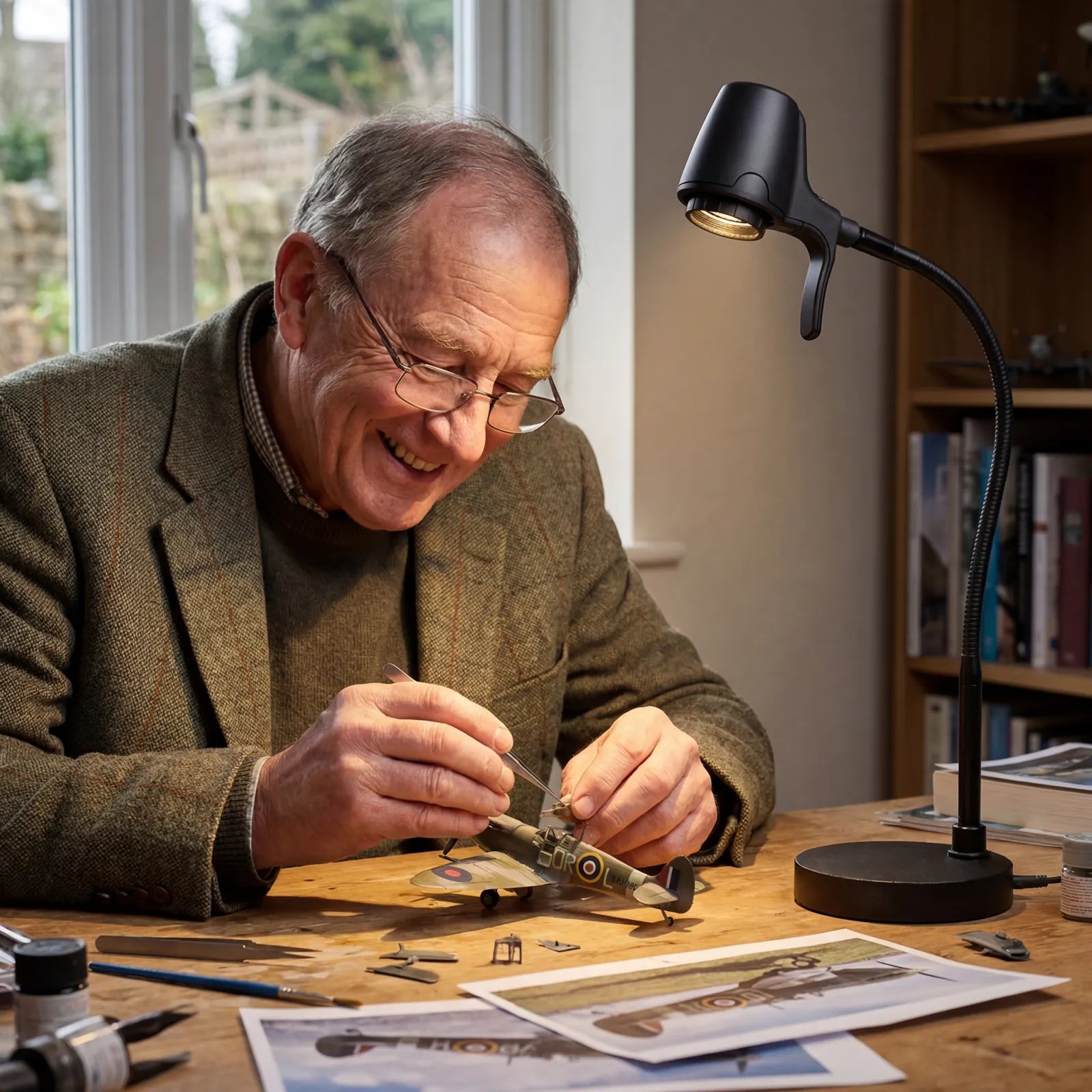 A man smiling as he builds a model Spitfire at his desk, under a Serious Table Light