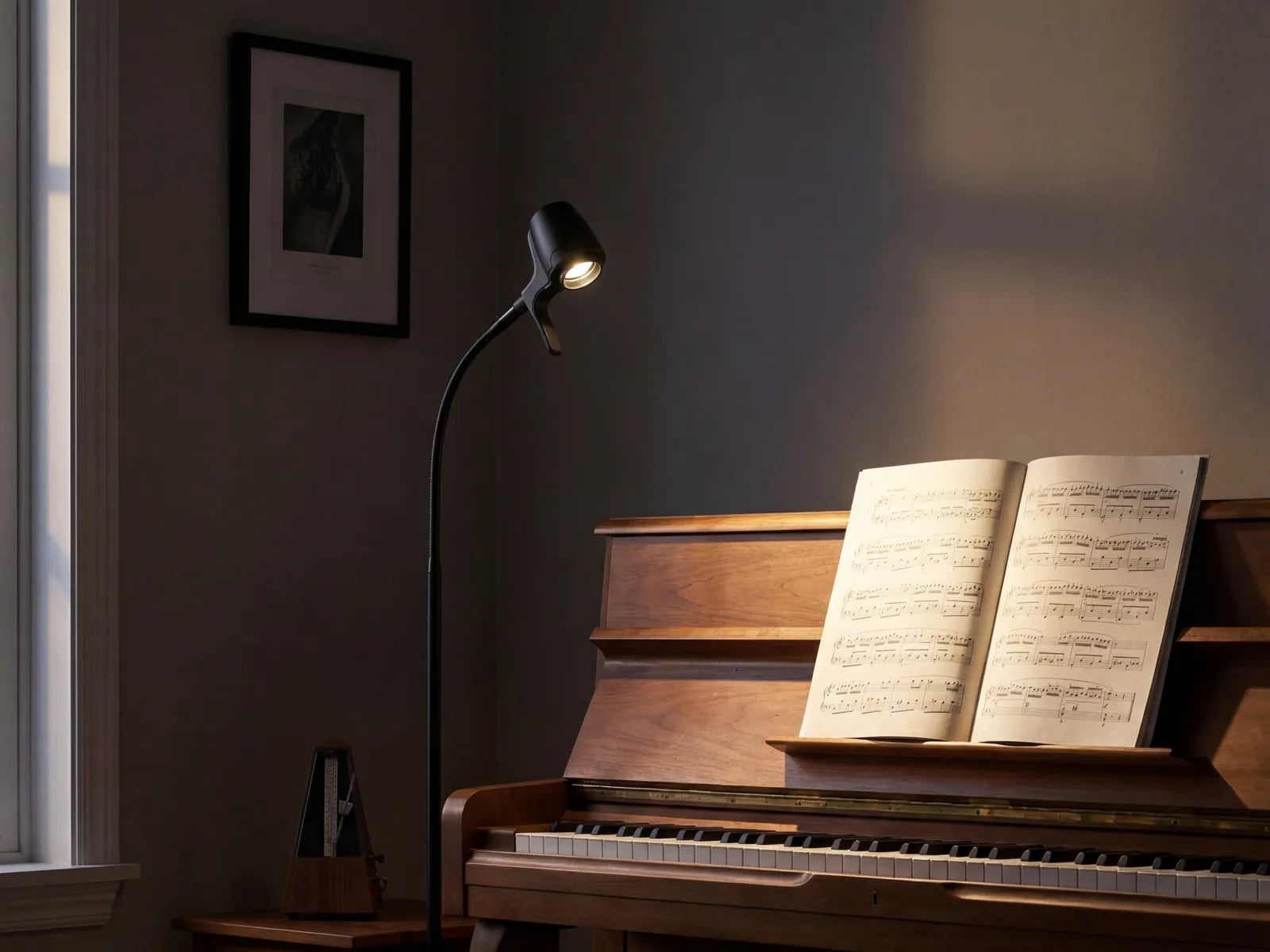 Sheet music open on an upright piano, lit by a Serious Floor Light