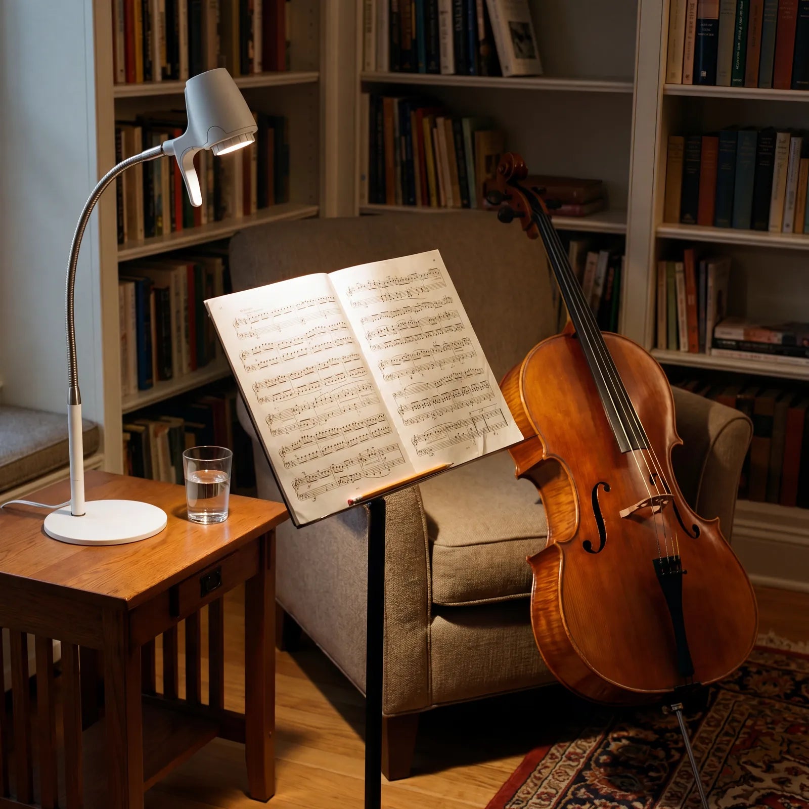Sheet music on a stand beside a cello, lit by a Serious Table Light in Heritage White