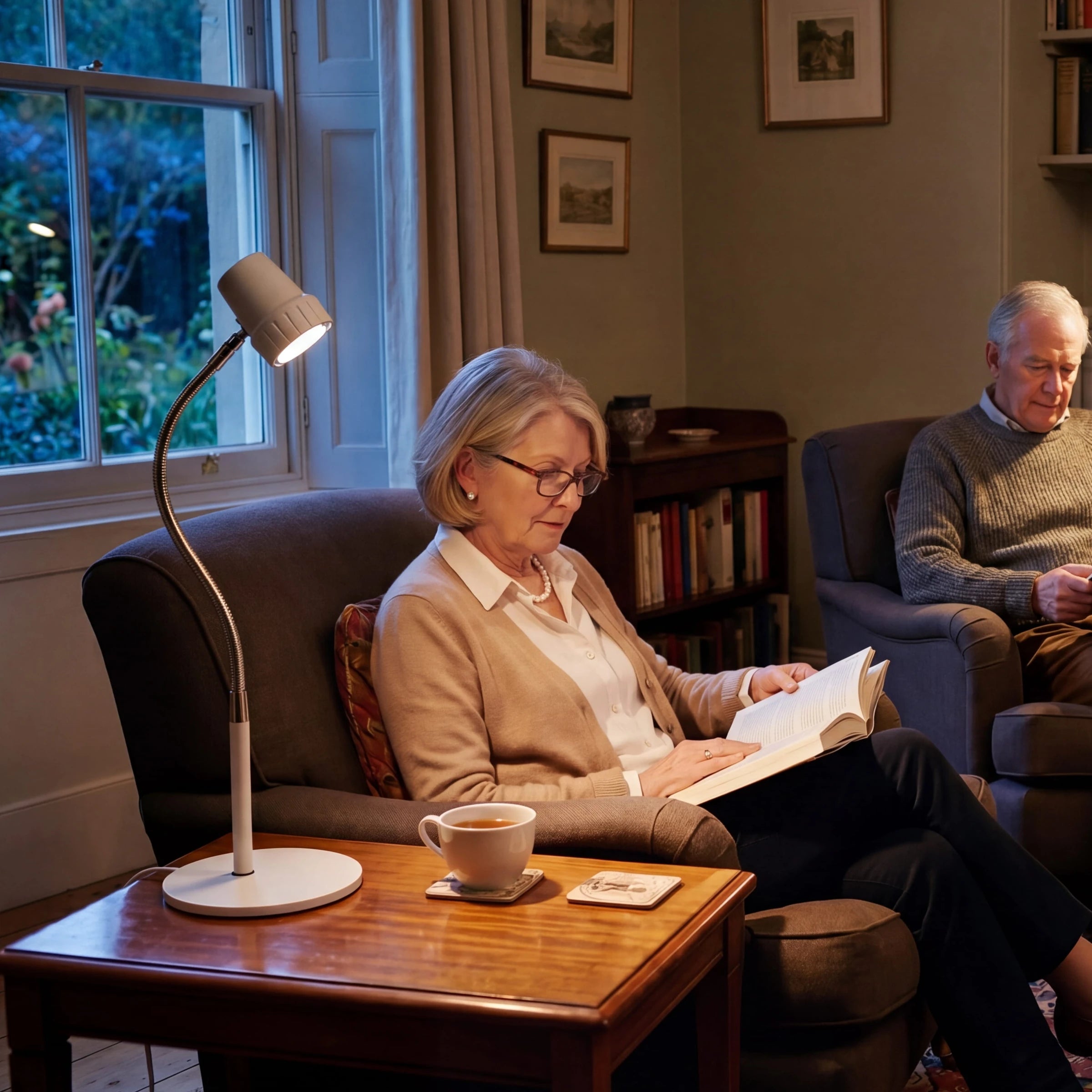 A woman reading in an armchair by the window, with an HD Essential Table Light in Heritage White on the side table