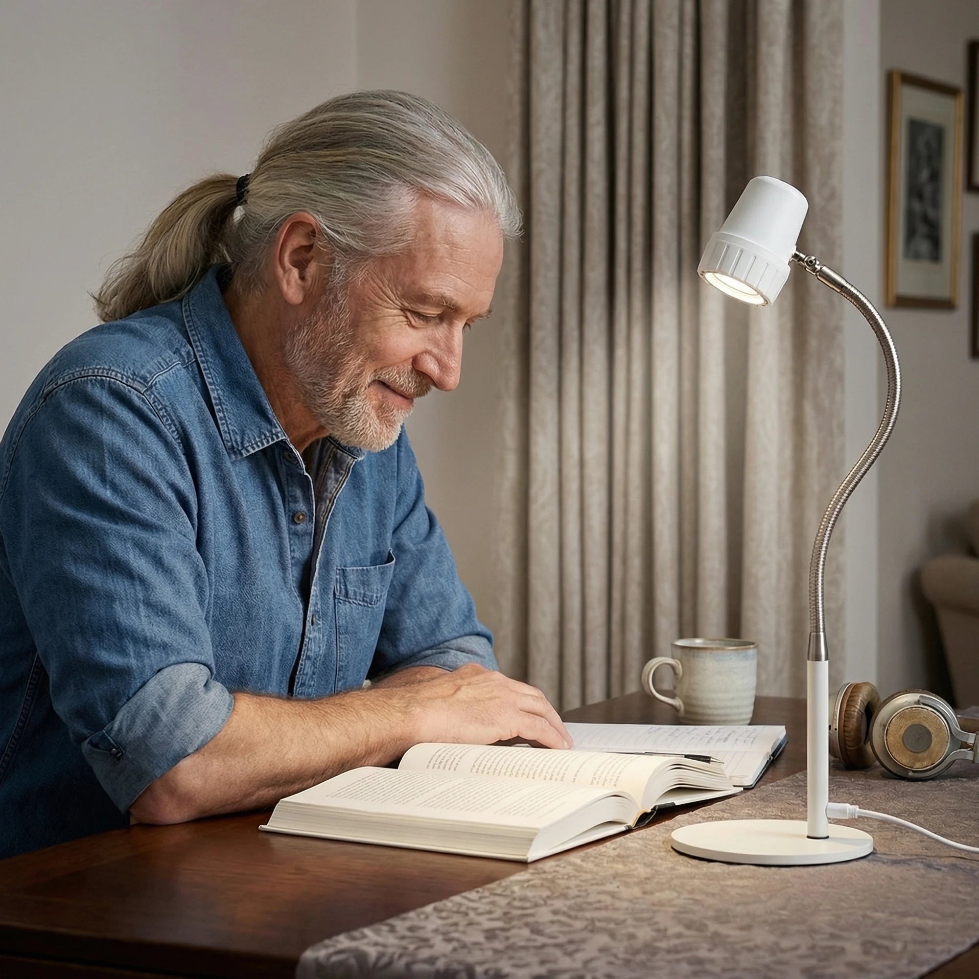 A man reading a book at his desk by the light of an HD Essential Table Light in Heritage White
