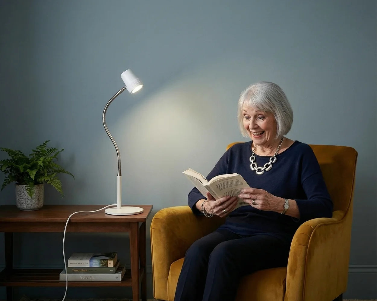 A woman reading in her armchair beside an HD Essential Table Light in Heritage White
